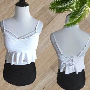 BLACK & WHITE RUFFLED HEM TWO PIECE SWIMSUIT